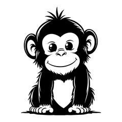 Cute Kawaii Chimpanzee Sitting Front View Adorable Animal Black and White Outline Line Art Drawing