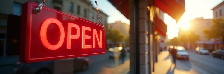 Bright red open sign hanging in storefront window on a sunny day, open, signage, sunny