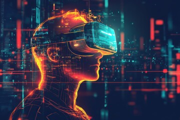 futuristic portrait of person wearing vr headset immersed in virtual reality. neon lights create holographic effect. concept of technology innovation and gaming. tech ad, modern design, virtual world