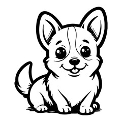 Cute Happy Chibi Kawaii Corgi Dog Puppy Cartoon Character Black and White Outline Line Art Drawing