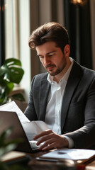 A manager reviewing supplier documents on a laptop