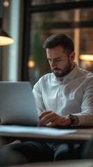 A manager reviewing supplier documents on a laptop