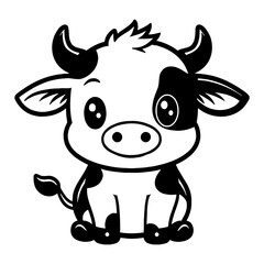 Cute Chibi Kawaii Cow with Big Eyes Black and White Outline Line Art Drawing Style for Children