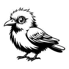 Cute Chibi Kawaii Crow Standing Profile View Black and White Detailed Outline Line Art Drawing