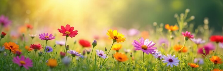 Obraz premium Colorful wildflowers bloom in field with soft sunlit blurred background. Summer meadow with daisy family and calendula flowers on a sunny day. Wild blossom of vibrant floral scenic.