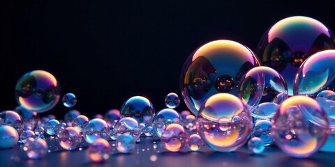 Iridescent Bubbles Floating on Dark Surface, Shimmering with Internal Reflections and Colorful Hues