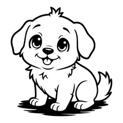 Cute Happy Chibi Kawaii Dog Puppy Sitting Front View Detailed Black and White Outline Line Art Drawing