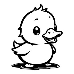 Cute Chibi Kawaii Duck Front View with Black and White Outline Line Art Drawing Illustration
