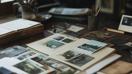 Vintage photographs scattered on a wooden table with a creative workspace atmosphere in a cozy room