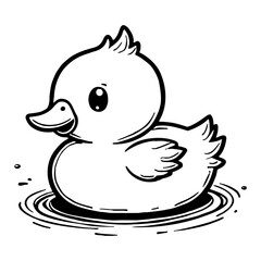 Cute Chibi Kawaii Duck on Water Black and White Outline Line Art Drawing Style Illustration