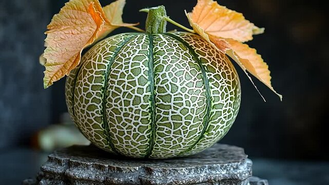 Decorative green melon with leaves on a rustic pedestal in soft light