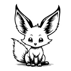 Cute Kawaii Fennec Fox with Big Ears Sitting Front View Detailed Black and White Outline Line Art Drawing