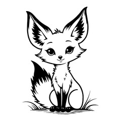 Cute Chibi Kawaii Fennec Fox with Big Ears Sitting Front View Detailed Black and White Outline Line Art Drawing