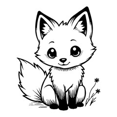 Cute Kawaii Chibi Fox Sitting with Flowers Detailed Black and White Outline Line Art Drawing