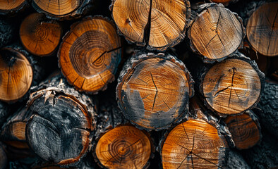 Fototapeta premium Cut logs stacked in natural arrangement. A close-up view of freshly cut logs, showcasing their rich textures and rings, resting in a neat pile outdoors.