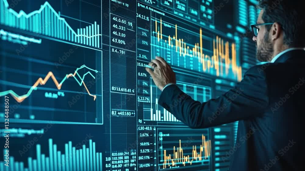 Poster navigating the data: a focused analyst in a modern setting examines intricate data visualizations on