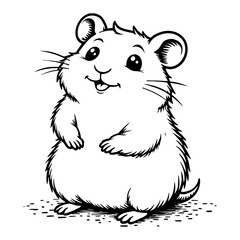 Cute Kawaii Hamster Standing Smiling with Front View Black and White Outline Line Art Drawing