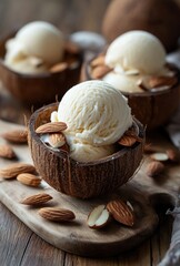 Creamy vanilla ice cream scoops served in rustic coconut bowls with scattered almonds on wooden board background
