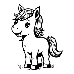 Cute Chibi Kawaii Horse Standing on Grass Black and White Outline Line Art Drawing Illustration