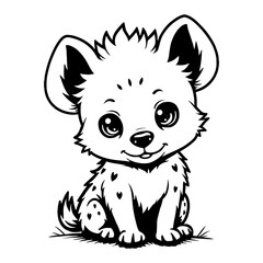 Cute Chibi Kawaii Hyena Cartoon Sitting Pose Front View Black and White Outline Line Art Drawing