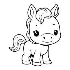 Cute Chibi Kawaii Horse Standing Front View Detailed Black and White Outline Line Art Drawing
