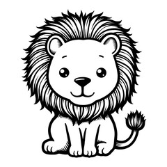 Adorable Cute Chibi Kawaii Lion Cub Sitting Cartoon Black and White Outline Line Art Drawing