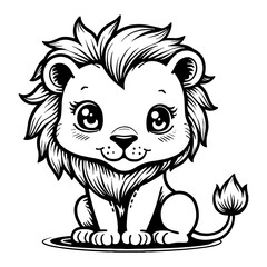 Adorable Lion Cub Chibi Kawaii Style with Cute Eyes Black and White Outline Line Art Drawing