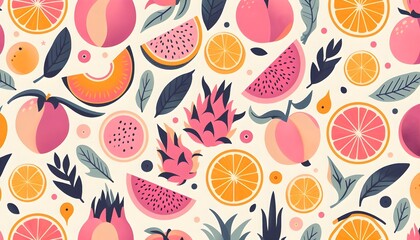 Trendy seamless fruit pattern with clean and modern peach, citrus, and dragon fruit designs.