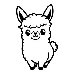 Cute Chibi Kawaii Llama Standing Front View Funny Animal Black and White Outline Line Art Drawing