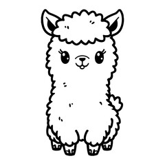Cute Kawaii Chibi Llama with Round Eyes Front View Black and White Outline Line Art Drawing