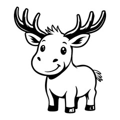 Cute Chibi Kawaii Moose Cartoon Character Standing Front View Black and White Outline Line Art Drawing
