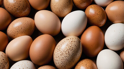 The image displays a collection of eggs with various colors and patterns. There are brown eggs, white eggs, and eggs speckled with dark spots, closely grouped together.