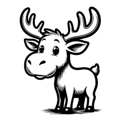 Cute Chibi Kawaii Moose Standing Front View Detailed Black and White Outline Line Art Drawing