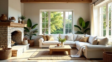 Serene Living Room with Natural Light and Comfortable Sectional Sofa