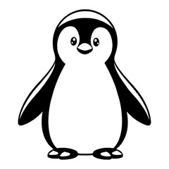 Cute Chibi Kawaii Penguin Standing Front View Simple Black and White Outline Line Art Drawing