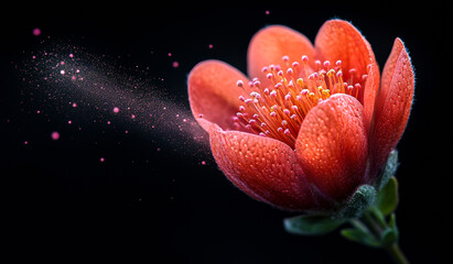 Delicate flower releasing vibrant pollen. A stunning orange flower releases colorful pollen into the air, capturing the beauty of nature's reproduction at dusk.