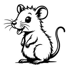 Cute Chibi Kawaii Rat Sitting Upright with a Smiling Face in Black and White Outline Line Art Drawing