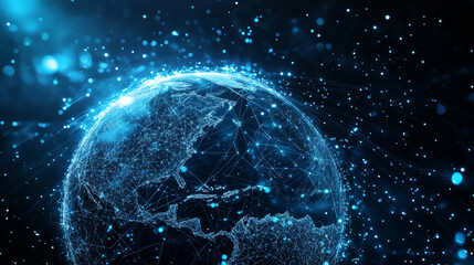 Obraz premium Abstract tech background with low poly wireframe elements. Space technology background in blue. Dark technology bg. Polygonal digital planet in outer space. AI technology concept. Vector illustration