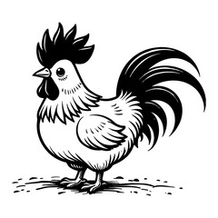 Cute Rooster with Kawaii Eyes and Chibi Style Black and White Outline Line Art Drawing Style