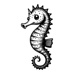 Fototapeta premium Cute Kawaii Seahorse Side View Detailed Drawing in Black and White Outline Line Art Drawing