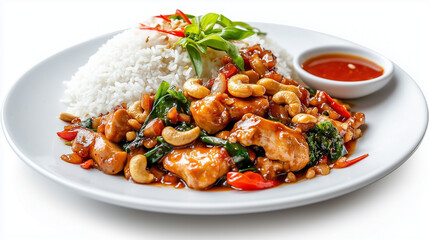 Fototapeta premium Delicious Stir-Fried Chicken With Cashews Served With Rice