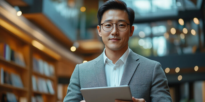 Business professional engaging in digital solutions modern office portrait indoor inspirational approach