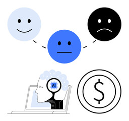 Three faces showing emotional states, AI-powered brain inside laptop, currency symbol. Ideal for emotion mapping, AI technology, financial analysis, decision-making, psychology, data science
