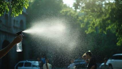 Naklejka premium A hand holds a spray bottle, misting cool water in hot weather. Perfect for articles on summer cooling, hydration, and outdoor activities