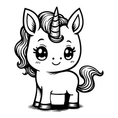 Naklejka premium Cute Kawaii Unicorn Chibi Style Front View Black and White Outline Line Art Drawing for Kids