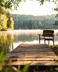 Fototapeta premium Serene easter getaway by tranquil lake with wooden dock for relaxation