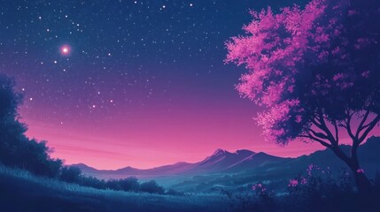 Fototapeta premium Minimalist computer wallpaper featuring a serene mountain landscape beneath a clear night sky filled with stars, designed with soft gradients for a calming visual aesthetic.