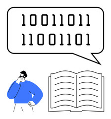 Man thinking about binary code inside speech bubble and an open book indicating concepts of learning, programming, digital literacy, education, logic, problem-solving, flat simple metaphor