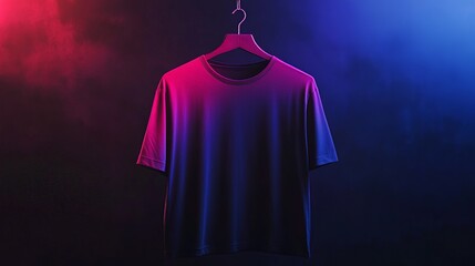 A stylish black t-shirt hanging on a hook with vibrant blue and red lighting in the background