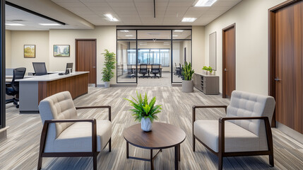 Modern Office Interior Showcasing Open Workspace and Meeting Area